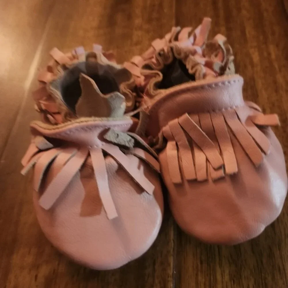 Tickle Toes Genuine Leather Baby Moccasins Pink Fringe Elastic‎ Fit Size 6-12